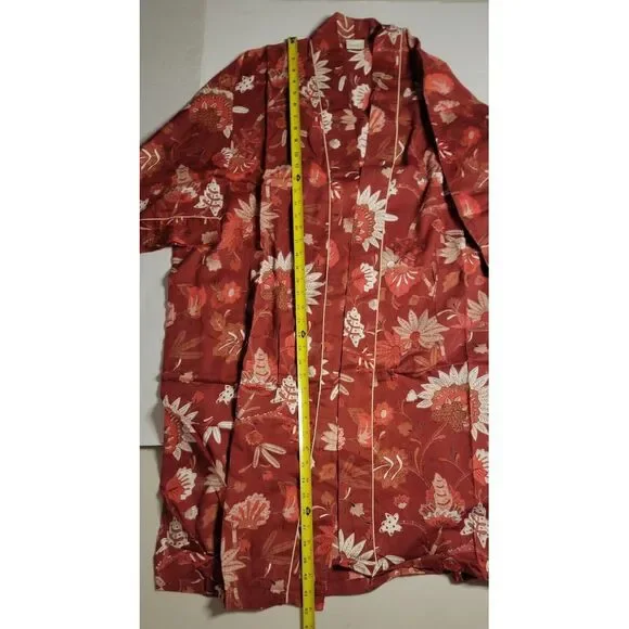 Handprint Red Floral Short Sleeve Tie Up Robe 100%‎ Cotton Bath Robe - Picture 2 of 9